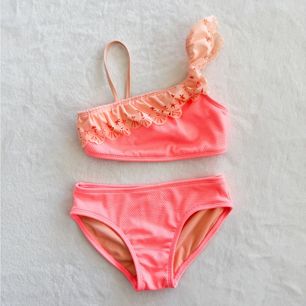 Cat & Jack Girls Neon Coral Textured Bikini 2pc One Shoulder Ruffle Size 6/7